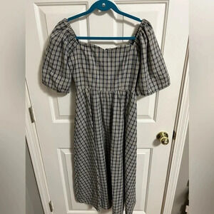 dRA Los Angeles Puffy Sleeve Plaid Midi Dress Sweetheart Neckline Smocked Small